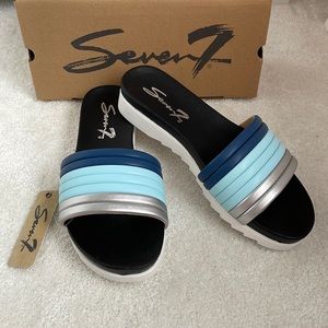 Seven7 Brand Womens Blue and Silver Stripped Mini Platform Slide Sandals
